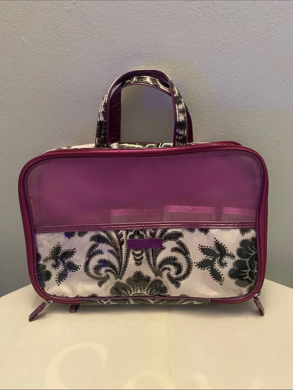 Purple Floral Travel Cosmetic Case with Clear Organizer Panel